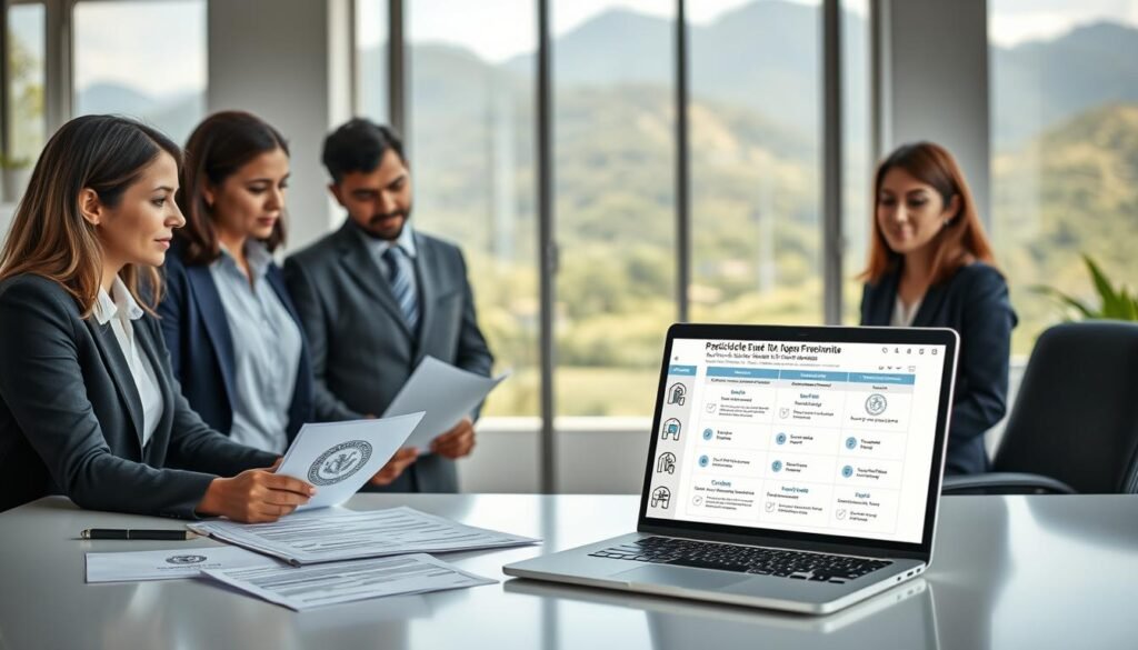 A practical guide layout featuring a serene Colombian government office environment. In the foreground, a diverse group of three professionals, depicted in business attire, are engaged in discussion over documents marked with official seals and forms titled “registro nivel.” The middle ground showcases a well-organized desk with a laptop displaying a user-friendly interface related to public entity requirements—charts and checklists visible. In the background, a large window reveals a glimpse of the Colombian landscape with greenery and mountains. Soft, natural lighting streams in, creating a professional yet welcoming atmosphere. The composition should evoke a sense of efficiency and clarity, appropriate for public small entity administration.