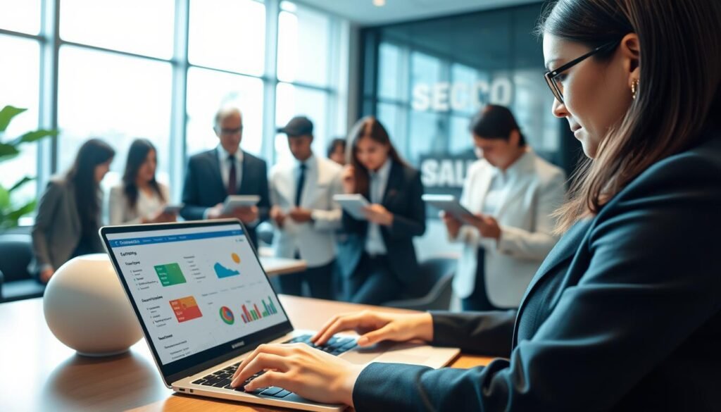 A professional Colombian business environment, featuring a diverse group of individuals in smart business attire, actively engaging with digital devices. In the foreground, a focused woman is configuring her account settings on a sleek laptop, displaying colorful graphs and options related to areas of interest. In the middle ground, a diverse group of colleagues are gathered around a table, discussing opportunities displayed on tablets, analyzing charts and data. The background shows a contemporary office space with large windows, bright natural light streaming in, and modern decor that reflects a professional atmosphere. The mood is optimistic and collaborative, suggesting a sense of empowerment and connection to new opportunities in the SECOP II system. The image is captured with a soft focus on the background, highlighting the subjects in the foreground. A professional Colombian business environment, featuring a diverse group of individuals in smart business attire, actively engaging with digital devices. In the foreground, a focused woman is configuring her account settings on a sleek laptop, displaying colorful graphs and options related to areas of interest. In the middle ground, a diverse group of colleagues are gathered around a table, discussing opportunities displayed on tablets, analyzing charts and data. The background shows a contemporary office space with large windows, bright natural light streaming in, and modern decor that reflects a professional atmosphere. The mood is optimistic and collaborative, suggesting a sense of empowerment and connection to new opportunities in the SECOP II system. The image is captured with a soft focus on the background, highlighting the subjects in the foreground.