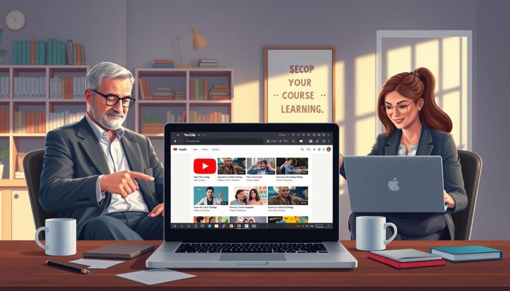 A professional and engaging digital illustration depicting a workspace focused on online learning and course discovery. In the foreground, a laptop displays the YouTube interface with vibrant thumbnails of free courses related to SECOP. On either side, two diverse individuals, one a middle-aged man and the other a young woman, are seated with laptops, both dressed in smart casual attire, actively discussing and pointing at the screen. The middle ground features scattered notes and a coffee cup, emphasizing a productive environment. In the background, bright, well-lit shelves filled with books and a motivational poster about learning create an inviting atmosphere. Soft natural light streams through a window, casting a warm glow over the scene, evoking a sense of focus and determination. A professional and engaging digital illustration depicting a workspace focused on online learning and course discovery. In the foreground, a laptop displays the YouTube interface with vibrant thumbnails of free courses related to SECOP. On either side, two diverse individuals, one a middle-aged man and the other a young woman, are seated with laptops, both dressed in smart casual attire, actively discussing and pointing at the screen. The middle ground features scattered notes and a coffee cup, emphasizing a productive environment. In the background, bright, well-lit shelves filled with books and a motivational poster about learning create an inviting atmosphere. Soft natural light streams through a window, casting a warm glow over the scene, evoking a sense of focus and determination.
