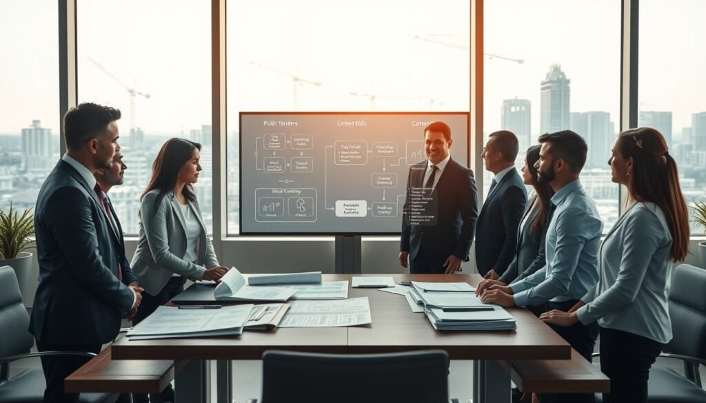 A professional and informative scene depicting various types of bidding processes for civil work projects in Colombia. In the foreground, a diverse group of business professionals in formal attire, engaged in discussion around a table with blueprints and documents scattered across it. In the middle ground, a large screen displays flowcharts and icons representing different bidding procedures like public tenders, limited bids, and direct contracting. In the background, a window reveals a cityscape with construction cranes and buildings, suggesting ongoing infrastructure projects. Soft, natural lighting comes from the window, casting a warm glow, creating a focused, collaborative atmosphere. The composition emphasizes professionalism and teamwork in the realm of public procurement.