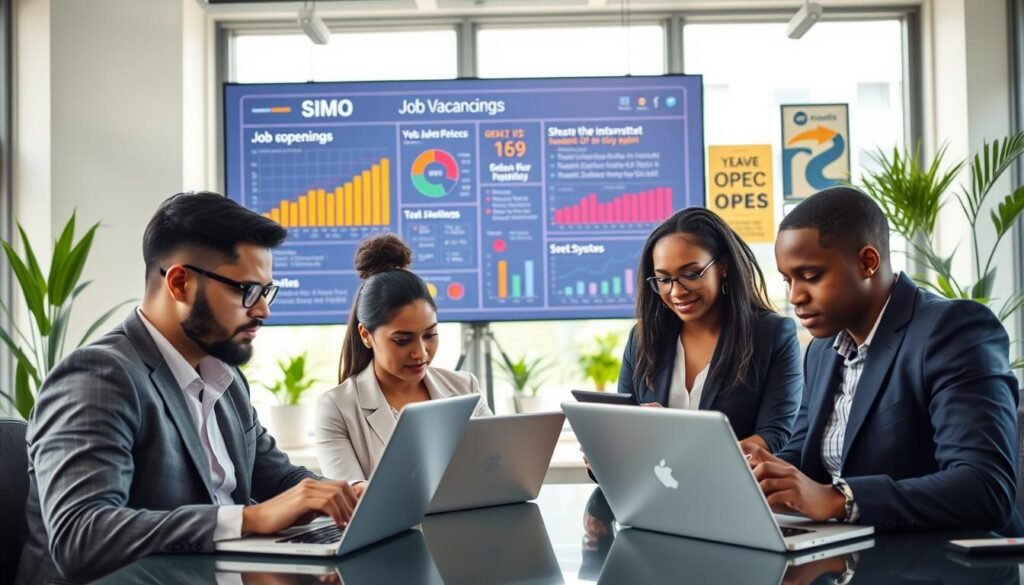A professional and modern office setting depicting individuals engaging in job search activities. In the foreground, a diverse group of three individuals, dressed in professional business attire, are focused on their laptops, exploring job vacancies on the SIMO platform. In the middle ground, a large digital screen displays graphs and data regarding job openings and the OPEC system, highlighting clarity and organization. The background features bright office decor with plants and motivational posters, conveying a productive atmosphere. Soft, natural lighting filters through large windows, creating a warm and inviting environment. The overall mood is one of determination and optimism, as the individuals actively pursue their career opportunities.