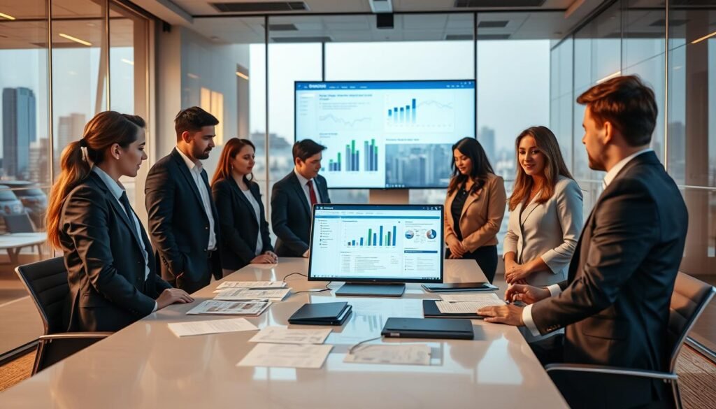 A professional and modern office setting focused on public procurement management. In the foreground, a diverse group of professionals dressed in formal business attire, engaged in a discussion around a sleek conference table covered with documents and a laptop displaying the Secop II interface. In the middle ground, a large screen shows charts and visuals related to contract management. The background features glass walls with views of a city skyline, bathed in warm, soft lighting to create an inviting atmosphere. The scene captures a sense of collaboration and focus, highlighting the step-by-step process of using the Secop II platform. The angle is slightly elevated, giving a dynamic perspective on the team interaction. A professional and modern office setting focused on public procurement management. In the foreground, a diverse group of professionals dressed in formal business attire, engaged in a discussion around a sleek conference table covered with documents and a laptop displaying the Secop II interface. In the middle ground, a large screen shows charts and visuals related to contract management. The background features glass walls with views of a city skyline, bathed in warm, soft lighting to create an inviting atmosphere. The scene captures a sense of collaboration and focus, highlighting the step-by-step process of using the Secop II platform. The angle is slightly elevated, giving a dynamic perspective on the team interaction.