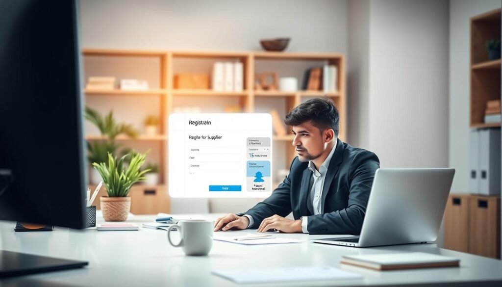 A professional and modern workspace depicting a user interface on a computer screen showcasing the registration process for a supplier on a digital platform. In the foreground, a focused individual in business attire is seated at a sleek desk, attentively navigating the platform on a laptop. The middle ground features an organized workspace with office supplies, a coffee mug, and a potted plant, embodying a productive atmosphere. In the background, soft-focused shelves with books and decorative elements create a warm, inviting ambiance. The lighting is bright and natural, streaming in from a nearby window, creating an optimistic and engaging mood, capturing the essence of digital innovation in supplier registration.