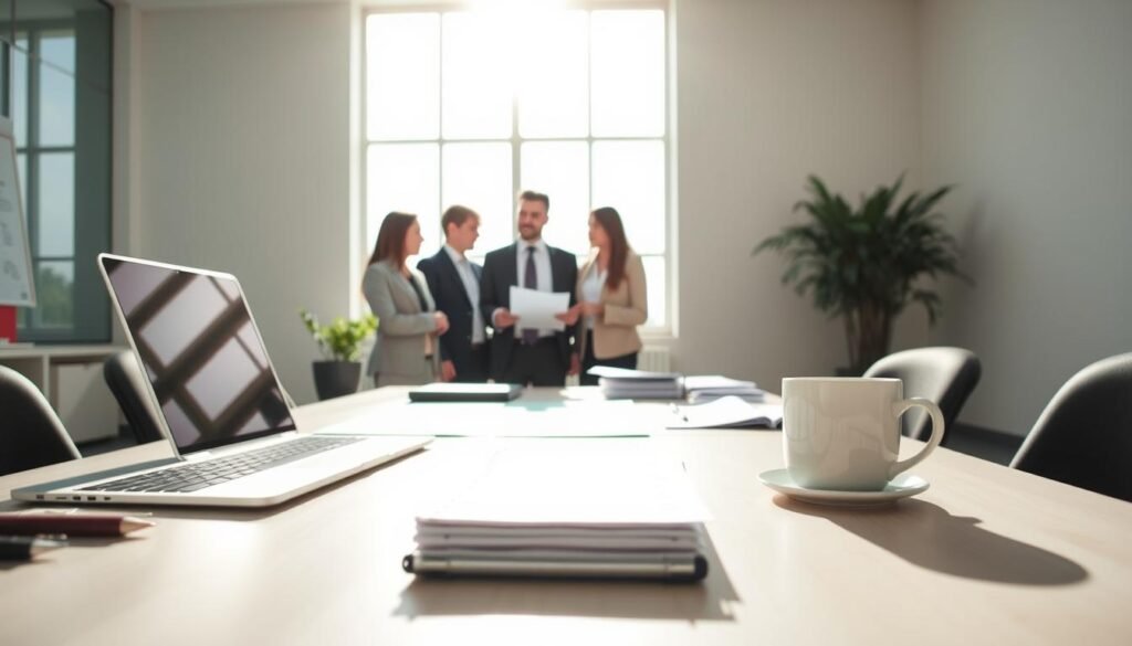 A professional and organized workspace illustrating the "requisitos habilitantes proponente" for a natural person or legal entity. In the foreground, a neatly arranged desk with a laptop, documents, and a cup of coffee, symbolizing a productive environment. In the middle, a diverse group of three individuals in business attire, engaged in a discussion while reviewing important paperwork. The background features a modern office setting with bright, natural light streaming in through large windows, creating a sense of clarity and focus. Soft shadows add depth to the scene, enhancing a mood of diligence and professionalism. The angle captures the team interaction, emphasizing collaboration and the essence of meeting formal requirements. A professional and organized workspace illustrating the "requisitos habilitantes proponente" for a natural person or legal entity. In the foreground, a neatly arranged desk with a laptop, documents, and a cup of coffee, symbolizing a productive environment. In the middle, a diverse group of three individuals in business attire, engaged in a discussion while reviewing important paperwork. The background features a modern office setting with bright, natural light streaming in through large windows, creating a sense of clarity and focus. Soft shadows add depth to the scene, enhancing a mood of diligence and professionalism. The angle captures the team interaction, emphasizing collaboration and the essence of meeting formal requirements.