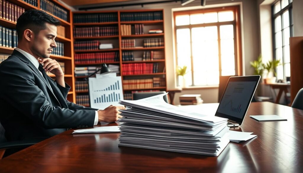A professional and sophisticated workspace portraying the concept of "legal regime" in public contracts. In the foreground, a polished wooden desk holds a stack of legal documents and a laptop displaying graphs and charts related to public contracts. To the side, a focused individual in business attire, scanning through papers with a pensive expression. In the middle ground, shelves filled with legal books and reference materials create a scholarly environment. In the background, a large window lets in natural light, illuminating the room and casting soft shadows. The atmosphere is serious and contemplative, capturing the essence of legal analysis. The image should convey professionalism and attention to detail without any text or distractions. A professional and sophisticated workspace portraying the concept of "legal regime" in public contracts. In the foreground, a polished wooden desk holds a stack of legal documents and a laptop displaying graphs and charts related to public contracts. To the side, a focused individual in business attire, scanning through papers with a pensive expression. In the middle ground, shelves filled with legal books and reference materials create a scholarly environment. In the background, a large window lets in natural light, illuminating the room and casting soft shadows. The atmosphere is serious and contemplative, capturing the essence of legal analysis. The image should convey professionalism and attention to detail without any text or distractions.