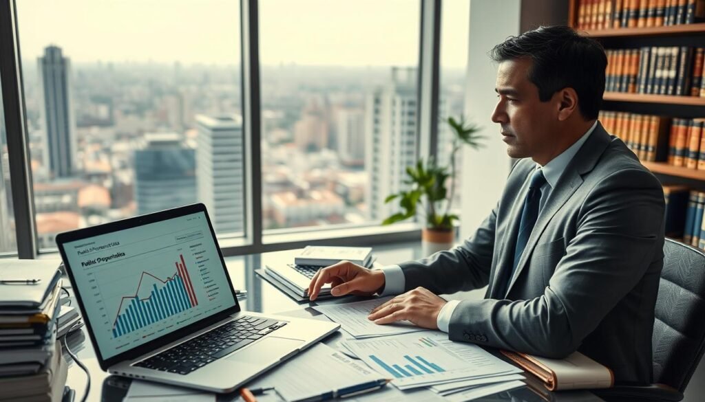 A professional business consultant analyzing public procurement data in Colombia, seated at a modern desk cluttered with reports, graphs, and charts. In the foreground, a laptop displays a detailed chart depicting risks and opportunities in public bidding. The middle ground includes a large window showcasing a bustling cityscape, symbolizing economic activity. In the background, shelves lined with reference books and legal documents create a scholarly atmosphere. The lighting is bright but soft, suggesting a productive workspace. The consultant, a middle-aged Latin American man in a smart suit, is focused and contemplative, embodying a sense of expertise and confidence. The mood is analytical and professional, perfect for a moment of strategic assessment in public bidding processes.