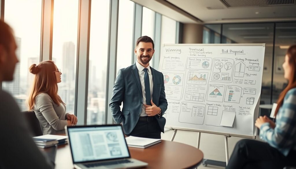 A professional business consultant in formal attire, standing in a modern office setting filled with charts and graphs, discussing a successful bid proposal with a small team. The foreground includes a desk with a laptop displaying a winning proposal document. In the middle, a whiteboard covered in strategic planning notes and diagrams highlighting successful tender processes. The background shows large windows with a city skyline, filled with a warm and optimistic light, symbolizing opportunity and success. The atmosphere is focused and collaborative, evoking a sense of professionalism and ambition, ideal for portraying a successful outcome in the bidding process, with a slight depth of field to emphasize the consultant's expression of confidence. A professional business consultant in formal attire, standing in a modern office setting filled with charts and graphs, discussing a successful bid proposal with a small team. The foreground includes a desk with a laptop displaying a winning proposal document. In the middle, a whiteboard covered in strategic planning notes and diagrams highlighting successful tender processes. The background shows large windows with a city skyline, filled with a warm and optimistic light, symbolizing opportunity and success. The atmosphere is focused and collaborative, evoking a sense of professionalism and ambition, ideal for portraying a successful outcome in the bidding process, with a slight depth of field to emphasize the consultant's expression of confidence.