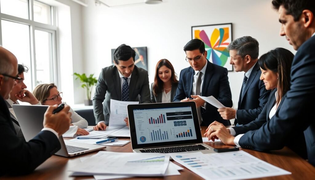 A professional business environment depicting a diverse group of individuals engaged in a tense yet focused discussion around a table. In the foreground, prominently display a variety of official documents and a laptop showcasing project plans, with graphs and charts visible on the screen. The middle ground features two business people in formal attire—one presenting details with confidence while the other takes notes. The background includes a bright, modern office with large windows, natural light flooding the room, creating a motivational atmosphere. A piece of artwork on the wall subtly symbolizes collaboration and success. The overall mood is serious yet hopeful, embodying the essence of preparation and professionalism necessary for participating in tenders in Colombia.