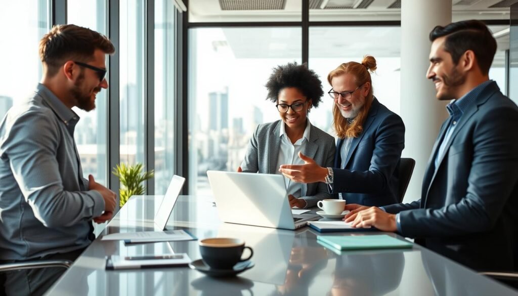 A professional business environment depicting a diverse group of professionals in a modern office setting. In the foreground, two men and one woman are engaged in an animated discussion while examining a laptop screen, showcasing teamwork and collaboration. The middle of the scene includes a sleek conference table, laptops, documents, and coffee cups, symbolizing active work on licitaciones. The background features floor-to-ceiling windows with a cityscape view, allowing natural light to fill the room, creating an energetic and focused atmosphere. The lighting is bright and crisp, reflecting a productive workday. The professionals are dressed in smart casual attire, conveying professionalism and commitment to their projects.