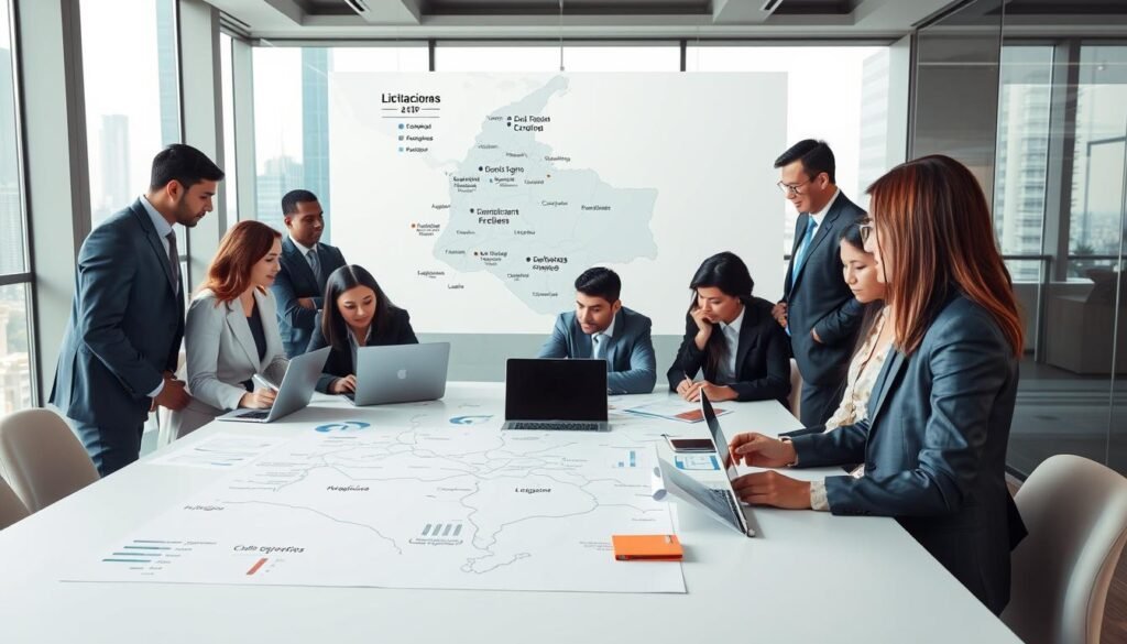 A professional business environment illustrating the concept of "licitaciones" in Colombia and Latin America. In the foreground, a group of diverse business professionals in smart attire are gathered around a large table with laptops and documents, actively discussing and analyzing data on tenders and contracts. In the middle ground, a large map of Colombia and Latin America is prominent, displaying various regions highlighted for tender opportunities. The background includes a modern office setting with windows showing a cityscape. Soft, natural lighting filters through the windows, creating an inviting and focused atmosphere. The overall mood is one of collaboration, concentration, and professionalism, embodying the essence of effective consulting for tenders and bidding processes. A professional business environment illustrating the concept of "licitaciones" in Colombia and Latin America. In the foreground, a group of diverse business professionals in smart attire are gathered around a large table with laptops and documents, actively discussing and analyzing data on tenders and contracts. In the middle ground, a large map of Colombia and Latin America is prominent, displaying various regions highlighted for tender opportunities. The background includes a modern office setting with windows showing a cityscape. Soft, natural lighting filters through the windows, creating an inviting and focused atmosphere. The overall mood is one of collaboration, concentration, and professionalism, embodying the essence of effective consulting for tenders and bidding processes.