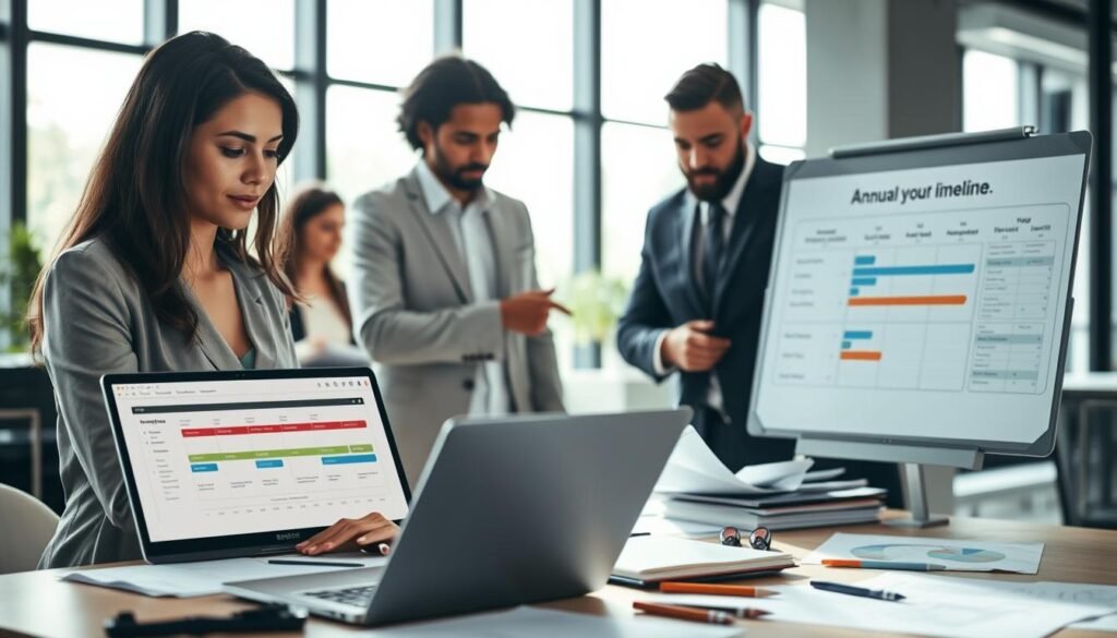 A professional business environment showcasing a diverse group of individuals engaged in a collaborative discussion over documents and digital devices. In the foreground, a well-dressed woman, with a focused expression, is examining a detailed project timeline displayed on a laptop screen. Beside her, a man in a suit points at a large chart pinned to a board, illustrating annual planning processes. In the middle ground, a large table is littered with charts, folders, and pens, suggesting a working atmosphere. The background reveals a modern office space with large windows allowing natural light to flood the scene, creating a bright and optimistic mood. Soft shadows enhance the ambience, and a slight depth of field gives prominence to the active group while subtly blurring the surroundings.