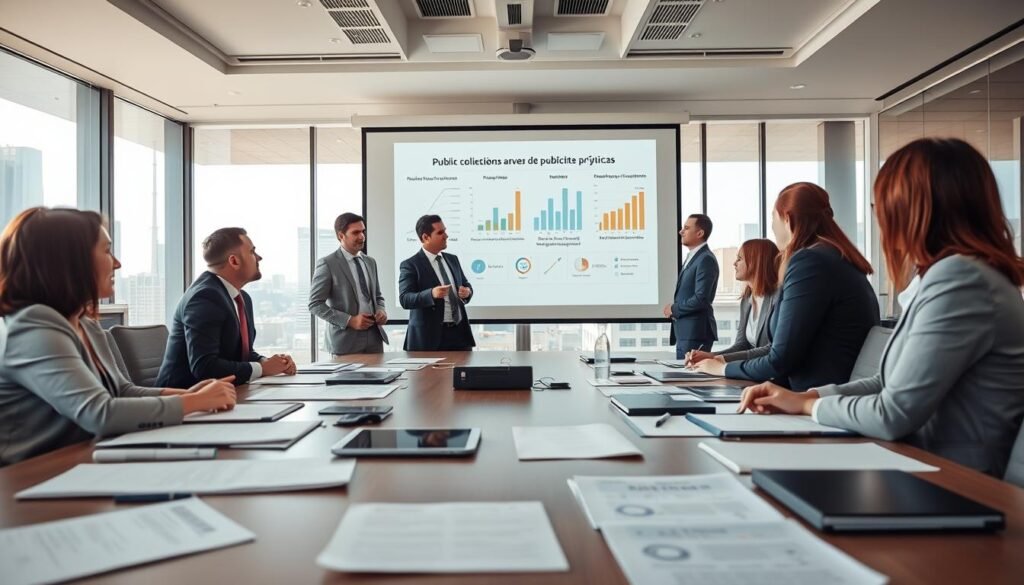 A professional business meeting in a modern conference room, showcasing a diverse group of individuals in business attire engaged in a lively discussion about public bidding, known as "licitaciones públicas." In the foreground, a table filled with documents, proposals, and digital devices, emphasizing the serious nature of the topic. The middle ground features four participants—two men and two women—pointing at a large projection screen displaying charts and graphs related to public procurement processes. The background includes large windows with city views and natural sunlight flooding the room, creating a bright and optimistic atmosphere. Use a wide-angle perspective to capture the collaborative spirit, with soft, balanced lighting to enhance focus on the participants and materials.