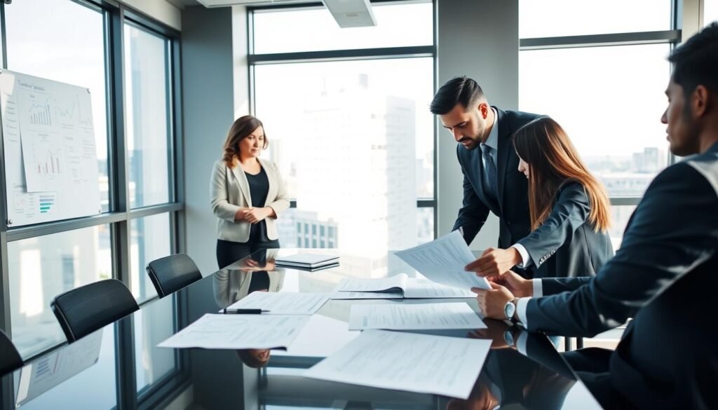 A professional business meeting in a modern office environment, showcasing a group of diverse individuals engaged in a thoughtful discussion on contracts and bidding processes. In the foreground, two consultants, a woman in smart business attire and a man in a suit, are analyzing documents laid out on a sleek conference table. The middle ground features a large window with soft natural light streaming in, casting gentle shadows, while a whiteboard with strategic notes and graphs is visible. In the background, a cityscape can be seen, hinting at collaboration with local businesses. The atmosphere is focused and hopeful, reflecting the importance of expert advice in the bidding process. The scene conveys professionalism, teamwork, and strategic planning.