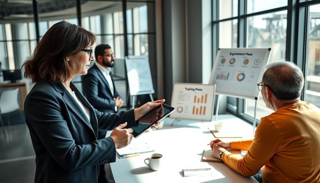 A professional business meeting in a modern office setting, showcasing a diverse group of four individuals engaged in a discussion about training plans. In the foreground, a confident middle-aged woman in a smart blazer points to a digital presentation on a sleek tablet held by a younger man in professional attire. The middle ground features a large conference table with notebooks and coffee cups, while a whiteboard displays graphs and charts on employee development. The backdrop includes large windows with sunlight streaming in, casting soft shadows across the room. The atmosphere is collaborative and focused, emphasizing professionalism and teamwork. The lighting is bright and inviting, ensuring clarity on the participants' expressions.
