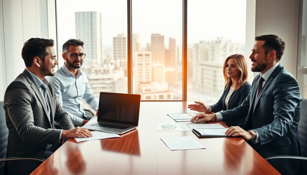 A professional business meeting in a sleek, modern office. In the foreground, a diverse group of three business professionals, two men and one woman, are gathered around a polished wooden table covered with documents and a laptop displaying a colorful bar chart. They are dressed in formal business attire. In the middle, a large window allows natural light to flood the room, illuminating their focused expressions as they discuss strategies for winning cleaning service contracts. In the background, a cityscape can be seen, emphasizing the urban setting. The atmosphere is collaborative and dynamic, evoking a sense of determination and professionalism. The lighting is warm, creating an inviting and inspiring climate for teamwork.
