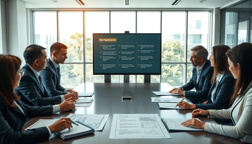 A professional business meeting room focused on construction project bidding requirements. In the foreground, a diverse group of business people in formal attire are gathered around a large conference table, reviewing documents with visuals of construction blueprints and a checklist titled "Key Requirements". In the middle, a large screen displays a clear slideshow of presentation slides outlining essential steps and qualifications for bidding on construction contracts. The background features a modern office environment with large windows allowing natural light to flood in, creating a bright and optimistic atmosphere. The scene is composed with a wide-angle lens, emphasizing the collaborative effort and determination, reflecting a mood of professionalism and opportunity.