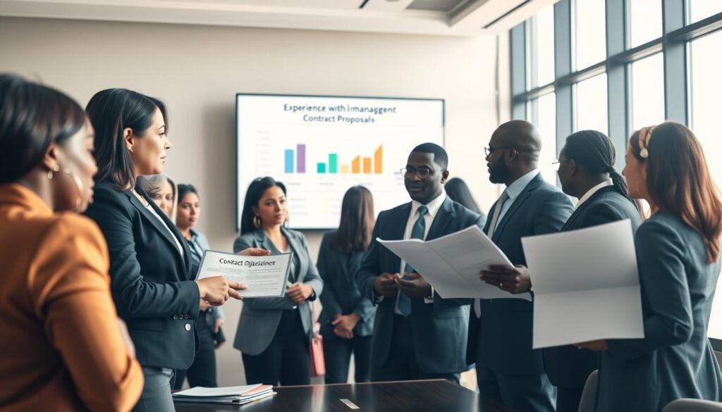 A professional business meeting room setting, filled with well-dressed individuals discussing contract proposals. In the foreground, a diverse group of professionals, including a Hispanic woman in a blazer pointing at a chart, and an African man in a suit examining a contract, both showcasing their experience in project management. The middle ground features a presentation screen displaying a visually appealing graph that connects experience with contract objectives, surrounded by engaged listeners. The background consists of a large window allowing natural light to spill in, accentuating the focus on collaboration and professionalism. Soft, warm lighting to create an inviting atmosphere, with a slightly blurred depth of field to emphasize the interaction in the foreground. A professional business meeting room setting, filled with well-dressed individuals discussing contract proposals. In the foreground, a diverse group of professionals, including a Hispanic woman in a blazer pointing at a chart, and an African man in a suit examining a contract, both showcasing their experience in project management. The middle ground features a presentation screen displaying a visually appealing graph that connects experience with contract objectives, surrounded by engaged listeners. The background consists of a large window allowing natural light to spill in, accentuating the focus on collaboration and professionalism. Soft, warm lighting to create an inviting atmosphere, with a slightly blurred depth of field to emphasize the interaction in the foreground.