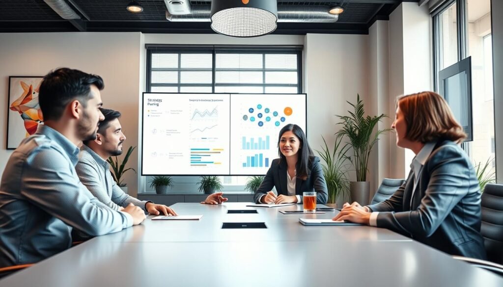 A professional business meeting room with a strategic planning session in progress. In the foreground, a diverse group of three individuals—two men and one woman—are gathered around a sleek conference table, each wearing business attire. They are engaged in a lively discussion, with visual notes and graphs displayed on a digital screen behind them. In the middle, a large window lets in warm, natural light that highlights the focused expressions of the participants. The background features modern office decor, including potted plants and abstract artwork, creating a productive atmosphere. Capture the sense of collaboration and strategic thinking, with a viewpoint angled slightly above the table to emphasize their engagement while keeping the setting professional and inviting.