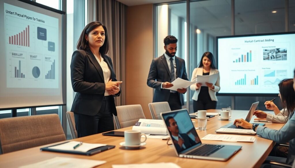 A professional business meeting scene depicting a diverse group of consultants in a modern conference room, focused on structuring and presenting proposals for contract bidding. In the foreground, a middle-aged Hispanic woman in business attire stands confidently by a projector displaying graphs and charts. Beside her, a young Black man takes notes on a tablet, while an Asian woman reviews a printed proposal. In the middle ground, a large table is covered with documents, laptops, and coffee cups, emphasizing collaboration. The background shows a large window with natural light streaming in, illuminating the scene. The atmosphere is serious yet energetic, highlighting teamwork and strategy in a corporate setting. The lens is slightly wide-angle to capture the environment. A professional business meeting scene depicting a diverse group of consultants in a modern conference room, focused on structuring and presenting proposals for contract bidding. In the foreground, a middle-aged Hispanic woman in business attire stands confidently by a projector displaying graphs and charts. Beside her, a young Black man takes notes on a tablet, while an Asian woman reviews a printed proposal. In the middle ground, a large table is covered with documents, laptops, and coffee cups, emphasizing collaboration. The background shows a large window with natural light streaming in, illuminating the scene. The atmosphere is serious yet energetic, highlighting teamwork and strategy in a corporate setting. The lens is slightly wide-angle to capture the environment.