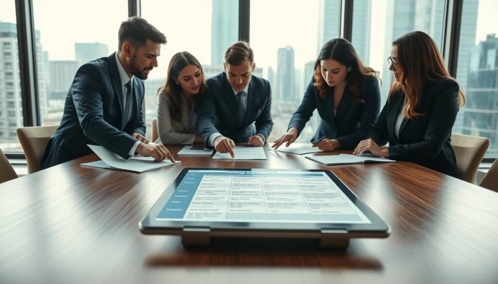 A professional business meeting scene depicting a diverse group of individuals analyzing a detailed project schedule for a government bidding process. In the foreground, a large wooden conference table holds printed documents and a digital tablet showcasing a timeline with tasks and deadlines. The middle layer features four professionals—two men and two women—dressed in business attire, engaged in discussion, pointing at the schedule. In the background, a large window lets in natural light, illuminating a cityscape with modern buildings. Soft shadows create a calm, focused atmosphere conducive to collaboration. Use a slightly elevated angle to capture the dynamics of the group, emphasizing their concentration and teamwork. The overall mood should convey professionalism and determination to successfully navigate the bidding process.
