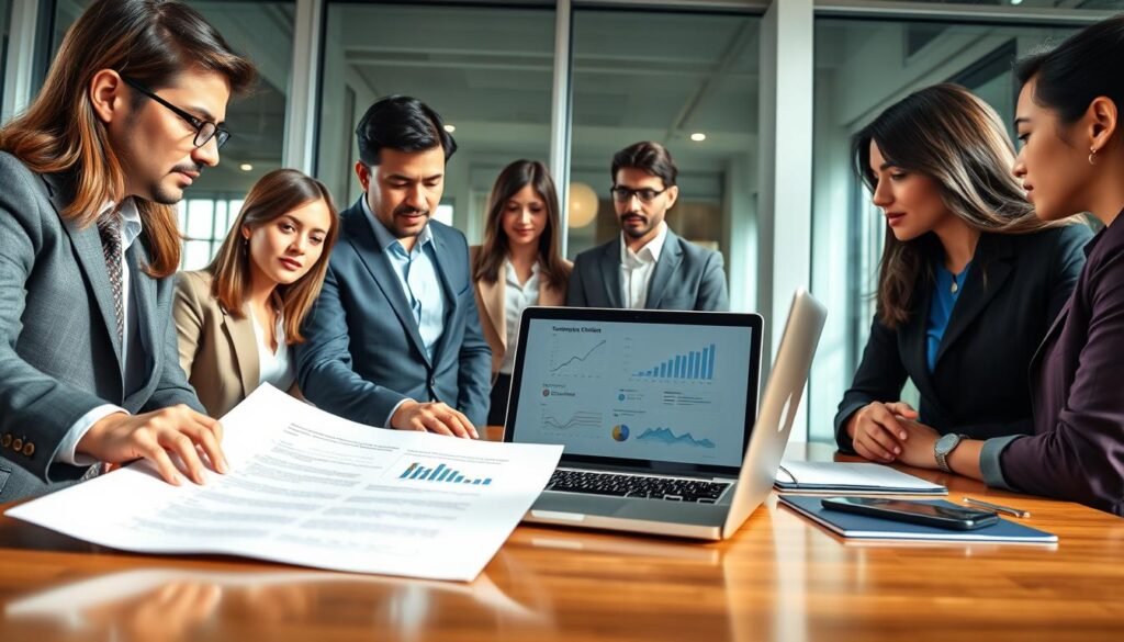 A professional business meeting scene depicting a diverse group of professionals collaborating over documentation related to a consortium and temporary union. In the foreground, two individuals—one male and one female—are engaged in discussion, pointing at a large contract on a table. They are dressed in smart business attire. In the middle, a laptop displays graphs and legal documents, symbolizing company partnerships under Colombian Law 80 of 1993. The background shows a modern office environment, with large windows allowing natural light to fill the space, creating a warm and focused atmosphere. The overall mood conveys determination and collaboration, with an emphasis on clarity and professionalism. The image captures the essence of strategic decision-making in establishing a consortium.