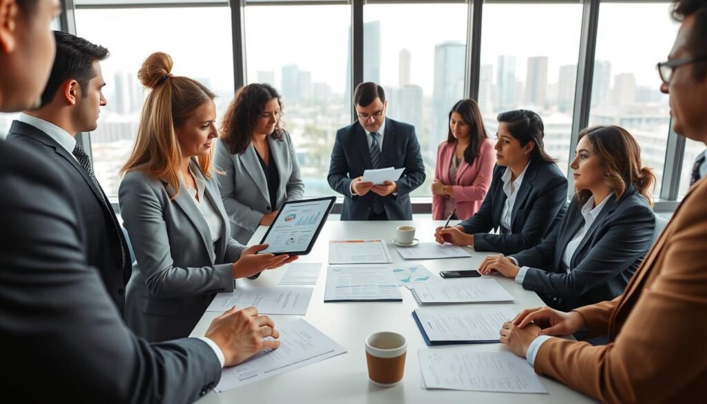 A professional business meeting scene, focusing on a diverse group of individuals wearing formal business attire, engaged in a discussion about legal requirements for public bidding in Colombia. In the foreground, a confident woman is presenting documents on a digital tablet, with charts and graphs visible. The middle ground features a large table covered with paperwork, contracts, and legal documents, alongside cups of coffee. The background shows a bright, modern office environment with large windows displaying a skyline view of Bogotá. The atmosphere is collaborative and focused, with soft natural lighting, capturing the seriousness and professionalism of the legal process. Use a wide-angle lens to convey an inclusive view of the meeting. A professional business meeting scene, focusing on a diverse group of individuals wearing formal business attire, engaged in a discussion about legal requirements for public bidding in Colombia. In the foreground, a confident woman is presenting documents on a digital tablet, with charts and graphs visible. The middle ground features a large table covered with paperwork, contracts, and legal documents, alongside cups of coffee. The background shows a bright, modern office environment with large windows displaying a skyline view of Bogotá. The atmosphere is collaborative and focused, with soft natural lighting, capturing the seriousness and professionalism of the legal process. Use a wide-angle lens to convey an inclusive view of the meeting.