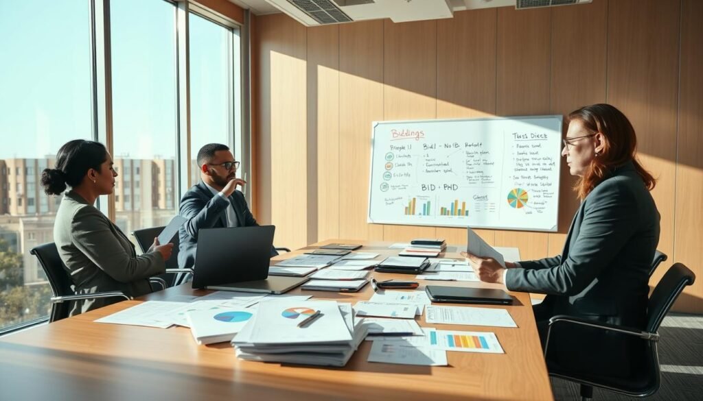 A professional business meeting scene illustrating the bidding process. In the foreground, a diverse group of three individuals in business attire, one presenting a proposal on a laptop, while the others take notes and discuss. The middle ground features a large conference table cluttered with documents, colorful charts, and a whiteboard filled with strategic notes about Bid/No-Bid decisions. The background shows large windows with natural light pouring in, creating a bright and open atmosphere. Soft shadows cast across the room enhance the focus on the participants. The mood is serious yet collaborative, emphasizing critical decision-making. Use a wide-angle lens to capture the entire scene with a warm, inviting color palette. A professional business meeting scene illustrating the bidding process. In the foreground, a diverse group of three individuals in business attire, one presenting a proposal on a laptop, while the others take notes and discuss. The middle ground features a large conference table cluttered with documents, colorful charts, and a whiteboard filled with strategic notes about Bid/No-Bid decisions. The background shows large windows with natural light pouring in, creating a bright and open atmosphere. Soft shadows cast across the room enhance the focus on the participants. The mood is serious yet collaborative, emphasizing critical decision-making. Use a wide-angle lens to capture the entire scene with a warm, inviting color palette.