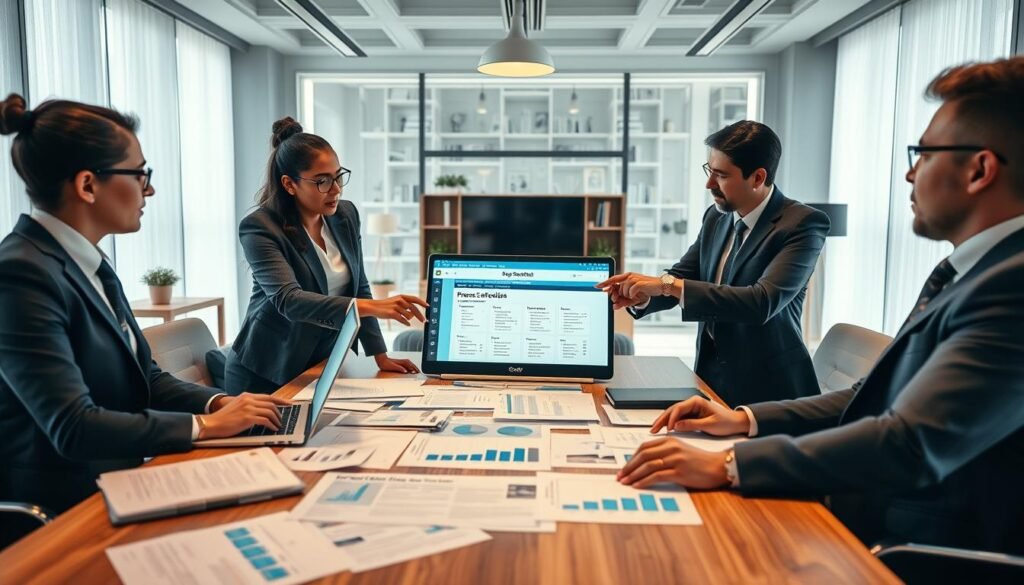 A professional business meeting scene illustrating the "proceso contratación." In the foreground, a diverse group of three individuals in smart business attire are engaged in discussion, with one person pointing to a laptop displaying the SECOP II interface. In the middle ground, a large table is scattered with documents, presentation materials, and charts that symbolize the selection process. In the background, an office filled with modern decor, large windows allowing natural light to flood the room, creating an inspiring and focused atmosphere. The lighting is warm, promoting a sense of collaboration and urgency. The angle captures the dynamic interaction of the individuals, emphasizing teamwork and strategic planning in finding opportunities efficiently. A professional business meeting scene illustrating the "proceso contratación." In the foreground, a diverse group of three individuals in smart business attire are engaged in discussion, with one person pointing to a laptop displaying the SECOP II interface. In the middle ground, a large table is scattered with documents, presentation materials, and charts that symbolize the selection process. In the background, an office filled with modern decor, large windows allowing natural light to flood the room, creating an inspiring and focused atmosphere. The lighting is warm, promoting a sense of collaboration and urgency. The angle captures the dynamic interaction of the individuals, emphasizing teamwork and strategic planning in finding opportunities efficiently.