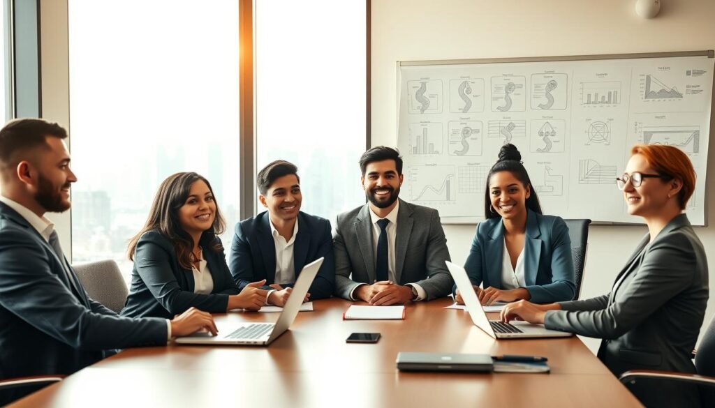 A professional business meeting scene in a bright and modern office setting. In the foreground, a diverse group of four business professionals, dressed in sharp business attire, sit around a sleek conference table. Their expressions are focused and engaged as they discuss strategies, with laptops and notes in front of them. The middle ground features a large window with natural light pouring in, overlooking a city skyline. In the background, a whiteboard filled with charts and diagrams illustrates project plans. The overall atmosphere is collaborative and innovative, with a warm color palette and soft shadows, evoking a sense of determination and growth. The image captures the essence of a young company navigating challenges and exploring new opportunities. A professional business meeting scene in a bright and modern office setting. In the foreground, a diverse group of four business professionals, dressed in sharp business attire, sit around a sleek conference table. Their expressions are focused and engaged as they discuss strategies, with laptops and notes in front of them. The middle ground features a large window with natural light pouring in, overlooking a city skyline. In the background, a whiteboard filled with charts and diagrams illustrates project plans. The overall atmosphere is collaborative and innovative, with a warm color palette and soft shadows, evoking a sense of determination and growth. The image captures the essence of a young company navigating challenges and exploring new opportunities.