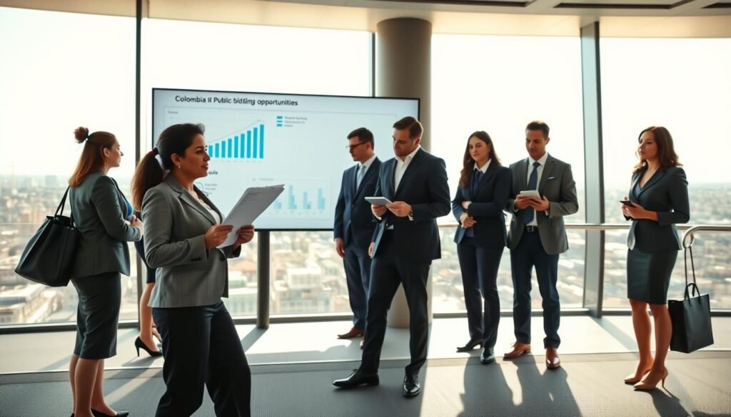 A professional business meeting scene on a sleek, modern platform in Colombia, showcasing a diverse group of individuals dressed in business attire. In the foreground, a middle-aged Colombian businesswoman confidently presents a document, while a young businessman takes notes on a digital tablet. In the middle, a large screen displays graphs and charts related to public bidding opportunities. The background features a panoramic view of a Colombian city skyline, with bright, natural lighting streaming in through large windows, casting soft shadows. The atmosphere is focused and collaborative, conveying a sense of opportunity and professionalism, captured from a slightly elevated angle to emphasize the platform and participants engaged in discussion.