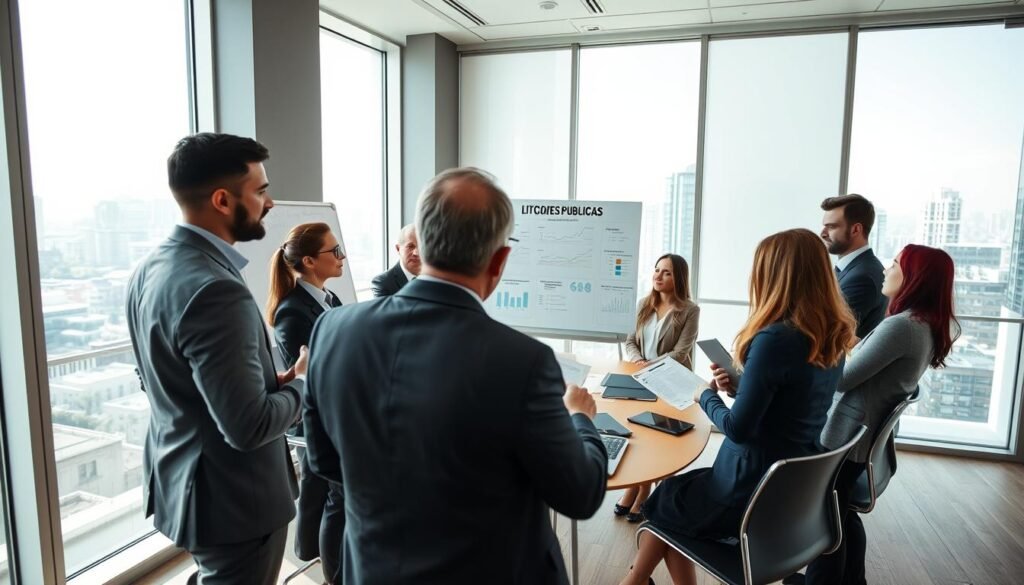 A professional business meeting scene set in a bright, modern conference room. In the foreground, a diverse group of individuals in professional attire is reviewing documents and discussing "licitaciones públicas" with focused expressions. The middle ground features a whiteboard with charts and data related to public tenders, alongside scattered papers and digital tablets. In the background, large windows allow natural light to flood the room, showcasing a city skyline, adding a sense of professionalism and urgency. The atmosphere is serious yet collaborative, emphasizing the importance of transparency in public contracting processes. The image is captured with a wide-angle lens to include details of the room while maintaining clarity on the subjects.