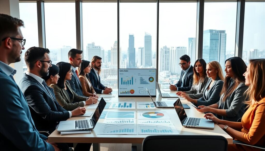 A professional business meeting scene set in a bright, modern conference room. In the foreground, a diverse group of professionals in business attire—men and women of varying ethnicities—engage in a discussion. They are surrounded by charts, graphs, and digital devices displaying data relevant to public bidding and project management. In the middle, a large table covered with documents and laptops showcases clear distinctions between service and project proposals. The background features floor-to-ceiling windows allowing natural light to flood the space, with a view of a bustling city skyline. The mood is serious yet collaborative, emphasizing decision-making and analysis. Use soft lighting and a wide-angle perspective to create an inviting atmosphere conducive to productivity. A professional business meeting scene set in a bright, modern conference room. In the foreground, a diverse group of professionals in business attire—men and women of varying ethnicities—engage in a discussion. They are surrounded by charts, graphs, and digital devices displaying data relevant to public bidding and project management. In the middle, a large table covered with documents and laptops showcases clear distinctions between service and project proposals. The background features floor-to-ceiling windows allowing natural light to flood the space, with a view of a bustling city skyline. The mood is serious yet collaborative, emphasizing decision-making and analysis. Use soft lighting and a wide-angle perspective to create an inviting atmosphere conducive to productivity.