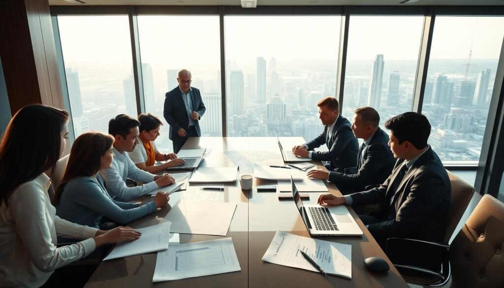 A professional business meeting scene set in a modern conference room in Colombia. In the foreground, a diverse group of professionals, both men and women, dressed in business attire, are engaged in a heated discussion while reviewing documents and proposals. The middle ground features a large table covered with blueprints, contracts, and laptops displaying graphs. In the background, glass windows present a view of the city skyline, with sunlight filtering through, creating a warm and inviting atmosphere. The lighting is bright yet soft, emphasizing focus and collaboration. The mood is energetic and determined, representing the competitive spirit of bidders in both private and state contracts. A professional business meeting scene set in a modern conference room in Colombia. In the foreground, a diverse group of professionals, both men and women, dressed in business attire, are engaged in a heated discussion while reviewing documents and proposals. The middle ground features a large table covered with blueprints, contracts, and laptops displaying graphs. In the background, glass windows present a view of the city skyline, with sunlight filtering through, creating a warm and inviting atmosphere. The lighting is bright yet soft, emphasizing focus and collaboration. The mood is energetic and determined, representing the competitive spirit of bidders in both private and state contracts.