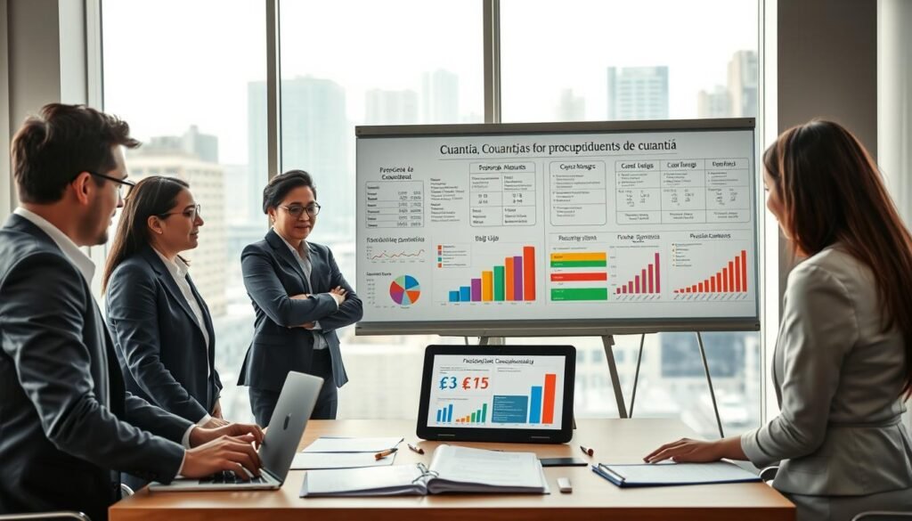 A professional business meeting scene set in a modern office environment, illustrating the concept of "cuantía" in procurement. In the foreground, a diverse group of three business professionals dressed in smart business attire—two men and one woman—discussing over a table covered with documents and a laptop displaying charts and figures related to bidding amounts. In the middle ground, a large whiteboard filled with colorful charts and graphs highlighting different procurement modalities. The background features floor-to-ceiling windows allowing natural light to flood the space, with a skyline view of Bogotá. The atmosphere is focused and collaborative, evoking a sense of professionalism and strategic planning. Illuminate the scene with soft, warm lighting to enhance the inviting ambiance.