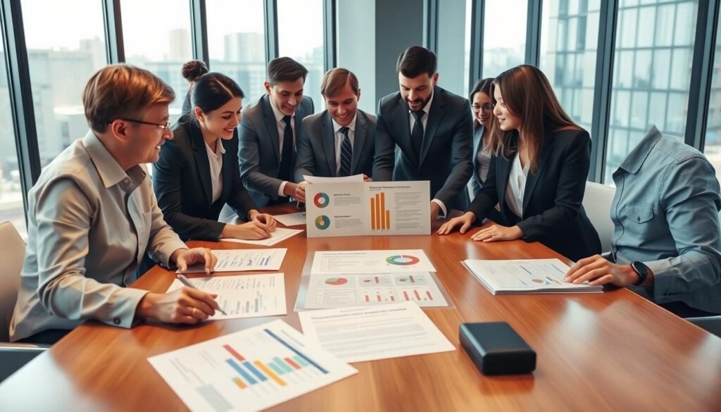 A professional business meeting scene set in a modern office environment. In the foreground, a diverse group of business professionals, dressed in smart business attire, is engaged in an animated discussion over a conference table. They are reviewing contracts and documents that display various indicators of a seller, highlighting key characteristics and signals of the offering party. In the middle, visible graphs and presentations illustrate essential traits of an oferente, with markers that denote important aspects like reliability and competence. The background features large windows with natural light streaming in, giving a warm and inviting atmosphere. The camera angle is slightly elevated, offering a wide perspective of the workspace, with a focus on the interactive nature of the meeting. The mood conveys professionalism and collaboration.