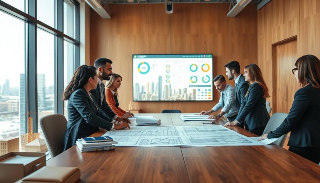 A professional business meeting scene set in a modern office environment. In the foreground, a diverse group of business professionals in formal attire is engaged in a collaborative discussion over construction project plans, with blueprints and documents spread across a conference table. The middle ground features a large window showcasing a city skyline, hinting at opportunities in urban construction. The background features architectural models and a digital screen displaying various charts related to public bidding processes. The lighting is bright and warm, illuminating the room while creating an atmosphere of inspiration and determination. A wide-angle view captures the dynamism and teamwork involved in preparing a company for public procurement opportunities in construction. A professional business meeting scene set in a modern office environment. In the foreground, a diverse group of business professionals in formal attire is engaged in a collaborative discussion over construction project plans, with blueprints and documents spread across a conference table. The middle ground features a large window showcasing a city skyline, hinting at opportunities in urban construction. The background features architectural models and a digital screen displaying various charts related to public bidding processes. The lighting is bright and warm, illuminating the room while creating an atmosphere of inspiration and determination. A wide-angle view captures the dynamism and teamwork involved in preparing a company for public procurement opportunities in construction.