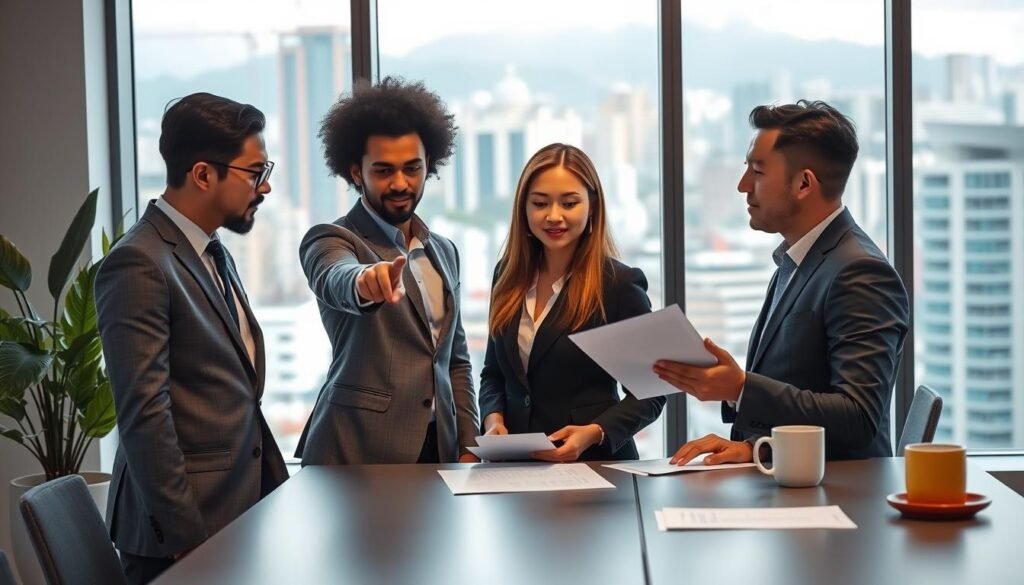 A professional business meeting scene set in a modern office in Colombia. In the foreground, a diverse group of three business people, dressed in formal attire, are engaged in discussion. One person is pointing at a digital tablet while the others are reviewing documents. In the middle ground, a large window showcases a vibrant cityscape with the iconic Colombian architecture. Soft, natural lighting floods the room, creating a warm and inviting atmosphere. The background features a sleek conference table with papers and a coffee cup, and a plant adds a touch of greenery. The image captures a collaborative and professional spirit, reflecting the essence of contract negotiations and business endeavors in Colombia.