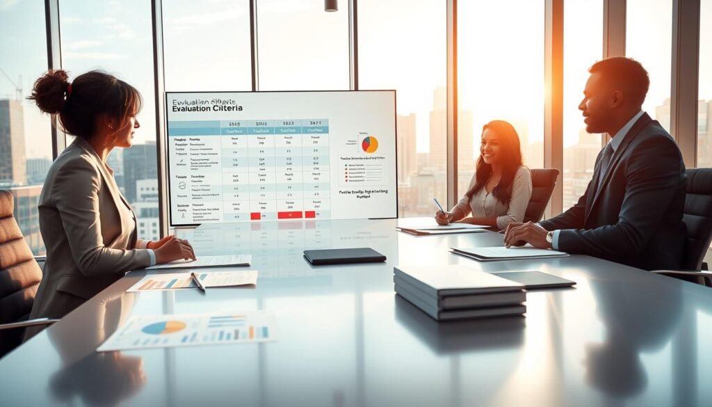 A professional business meeting scene set in a modern office. In the foreground, a diverse group of three business professionals, dressed in smart business attire, are engaged in a focused discussion over a large, sleek conference table covered with documents and data analysis charts. In the middle ground, a large presentation screen displays a detailed evaluation criteria chart, highlighting various assessment metrics in clear, bold colors. The background features floor-to-ceiling windows showing a city skyline bathed in natural daylight, creating a bright and optimistic atmosphere. Use a wide-angle lens to capture the depth of the environment, with soft, diffused lighting enhancing the professionalism of the setting. The mood is collaborative and strategic, emphasizing teamwork and analytics in decision-making. A professional business meeting scene set in a modern office. In the foreground, a diverse group of three business professionals, dressed in smart business attire, are engaged in a focused discussion over a large, sleek conference table covered with documents and data analysis charts. In the middle ground, a large presentation screen displays a detailed evaluation criteria chart, highlighting various assessment metrics in clear, bold colors. The background features floor-to-ceiling windows showing a city skyline bathed in natural daylight, creating a bright and optimistic atmosphere. Use a wide-angle lens to capture the depth of the environment, with soft, diffused lighting enhancing the professionalism of the setting. The mood is collaborative and strategic, emphasizing teamwork and analytics in decision-making.