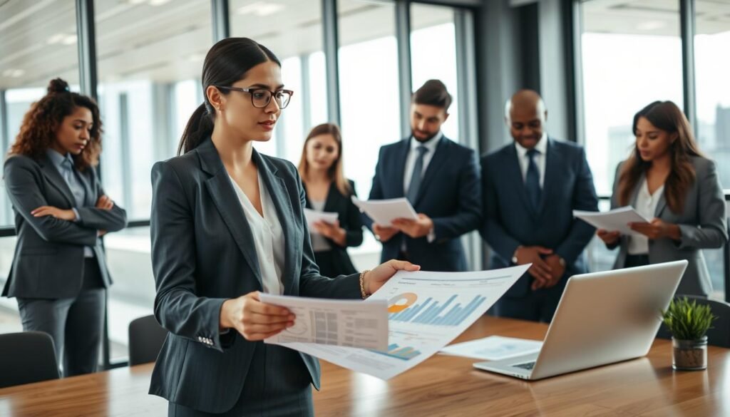 A professional business meeting scene showing a diverse group of individuals engaged in discussion about public bidding and competition evaluation. In the foreground, a confident woman in a tailored suit is presenting her analysis, using a laptop and charts filled with data. In the middle, a group of attentive colleagues, dressed in smart business attire, are analyzing documents and engaging in thoughtful conversation. The background features a modern office space with large windows, allowing natural light to pour in, creating a bright and inspiring atmosphere. The overall mood should be focused and collaborative, conveying a sense of determination and strategy. The angle should be slightly elevated, capturing the dynamic interaction among the team. A professional business meeting scene showing a diverse group of individuals engaged in discussion about public bidding and competition evaluation. In the foreground, a confident woman in a tailored suit is presenting her analysis, using a laptop and charts filled with data. In the middle, a group of attentive colleagues, dressed in smart business attire, are analyzing documents and engaging in thoughtful conversation. The background features a modern office space with large windows, allowing natural light to pour in, creating a bright and inspiring atmosphere. The overall mood should be focused and collaborative, conveying a sense of determination and strategy. The angle should be slightly elevated, capturing the dynamic interaction among the team.