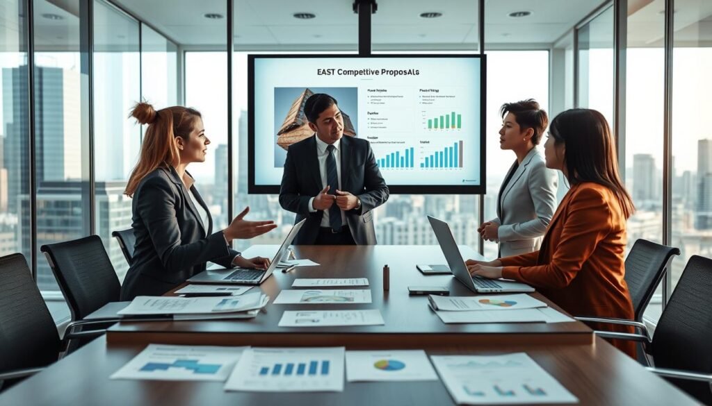 A professional business meeting set in a modern conference room, with a diverse group of three individuals in business attire (a Caucasian woman, a Hispanic man, and an Asian woman) intensely discussing a presentation on a large screen. In the foreground, a table filled with documents, charts, and laptops displays key points about competitive proposals, including price analysis and value metrics. The middle layer features the group engaged in dialogue, gesturing towards the screen, while the background showcases a sleek, glass-walled office with city skyline views, indicating a vibrant business environment. Soft, natural lighting filters through the room, creating an atmosphere of collaboration and strategic planning, emphasizing professionalism and innovation.