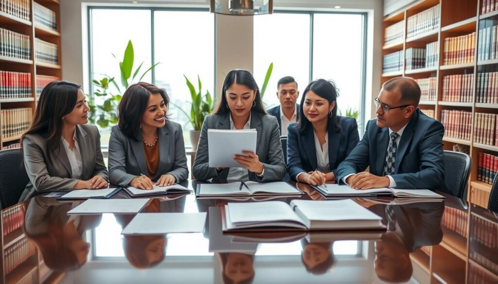 A professional business meeting setting showcasing a group of diverse individuals in formal attire discussing public procurement in Colombia. In the foreground, a woman of Colombian heritage presents documents on a tablet while the others attentively listen, all seated at a polished conference table surrounded by legal texts and contracts. The middle layer features a large window with natural light streaming in, highlighting the contemporary office environment with green plants and a view of the cityscape outside. In the background, shelves filled with law books emphasize the theme of legality. The atmosphere conveys professionalism and collaboration, with warm, inviting lighting enhancing the serious yet engaging mood of the discussion on public contracting regulations. A professional business meeting setting showcasing a group of diverse individuals in formal attire discussing public procurement in Colombia. In the foreground, a woman of Colombian heritage presents documents on a tablet while the others attentively listen, all seated at a polished conference table surrounded by legal texts and contracts. The middle layer features a large window with natural light streaming in, highlighting the contemporary office environment with green plants and a view of the cityscape outside. In the background, shelves filled with law books emphasize the theme of legality. The atmosphere conveys professionalism and collaboration, with warm, inviting lighting enhancing the serious yet engaging mood of the discussion on public contracting regulations.