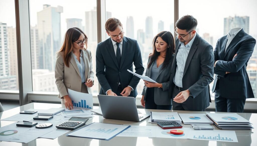 A professional business scene focusing on financial capacity. In the foreground, a well-dressed group of diverse professionals, including a woman in a tailored suit and a man in a crisp shirt, discusses financial reports while surrounded by documents and a laptop displaying graphs. In the middle ground, a modern office space is filled with charts, calculators, and financial statements on a conference table, suggesting collaboration and analysis. The background features a large window with a city skyline view, letting in natural daylight that creates a bright, optimistic atmosphere. The overall mood conveys diligence and strategic planning, representing the concept of financial and organizational capacity in a business context. A professional business scene focusing on financial capacity. In the foreground, a well-dressed group of diverse professionals, including a woman in a tailored suit and a man in a crisp shirt, discusses financial reports while surrounded by documents and a laptop displaying graphs. In the middle ground, a modern office space is filled with charts, calculators, and financial statements on a conference table, suggesting collaboration and analysis. The background features a large window with a city skyline view, letting in natural daylight that creates a bright, optimistic atmosphere. The overall mood conveys diligence and strategic planning, representing the concept of financial and organizational capacity in a business context.