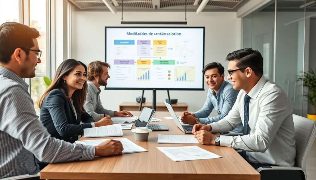 A professional business setting capturing various "modalidades de contratación" in Colombia, depicted through a diverse group of people engaging in discussions and presentations. In the foreground, a group of three individuals—one woman and two men—dressed in professional attire, intently discussing over a table with contracts, laptops, and documents spread out. The middle ground features a presentation screen displaying flowcharts and graphs illustrating different contracting methods, while the background shows a modern office environment with large windows allowing natural light to flood in, enhancing the atmosphere of collaboration and opportunity. The mood should be optimistic and focused, emphasizing innovation and strategic planning within business contracts.