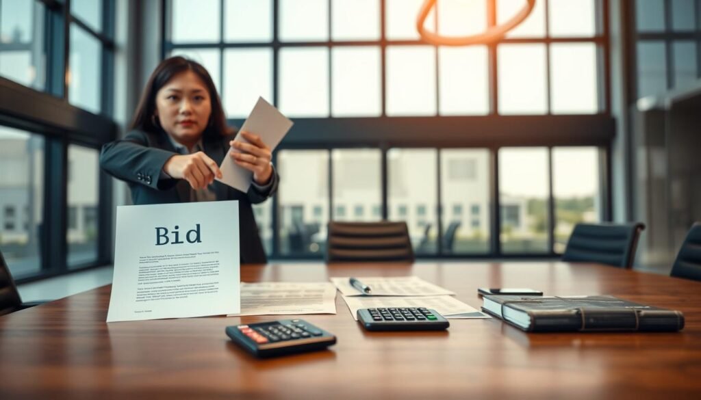 A professional business setting conveying seriousness and assurance in financial transactions. In the foreground, display a confident businessperson dressed in formal attire, holding a document symbolizing a bid or contract. In the middle ground, a modern conference table with a contract, a calculator, and financial reports, showcasing the theme of guarantees and costs. In the background, large windows let in soft natural light, casting a warm but serious atmosphere over the scene. The focus should emphasize the importance of clarity and reliability in financial commitments, with a subtle depth of field effect to highlight the foreground elements. Capture a sense of professionalism and trustworthiness in this image. A professional business setting conveying seriousness and assurance in financial transactions. In the foreground, display a confident businessperson dressed in formal attire, holding a document symbolizing a bid or contract. In the middle ground, a modern conference table with a contract, a calculator, and financial reports, showcasing the theme of guarantees and costs. In the background, large windows let in soft natural light, casting a warm but serious atmosphere over the scene. The focus should emphasize the importance of clarity and reliability in financial commitments, with a subtle depth of field effect to highlight the foreground elements. Capture a sense of professionalism and trustworthiness in this image.