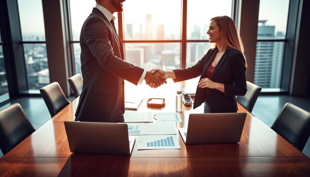 A professional business setting depicting a balance between a supplier (oferente) and a buyer (demandante) negotiating a deal. In the foreground, a man in a tailored suit and a woman in a smart business dress shake hands, symbolizing agreement. In the middle, a modern conference table is filled with documents, graphs, and a sleek laptop, showcasing a dynamic business environment. The background features large windows with a city skyline, allowing natural light to flood the room, enhancing the atmosphere of professionalism and opportunity. The scene captures a sense of collaboration and economic exchange, with warm, bright lighting creating an optimistic mood. The lens is focused on the handshake, conveying the essence of mutual agreement in economics and markets. A professional business setting depicting a balance between a supplier (oferente) and a buyer (demandante) negotiating a deal. In the foreground, a man in a tailored suit and a woman in a smart business dress shake hands, symbolizing agreement. In the middle, a modern conference table is filled with documents, graphs, and a sleek laptop, showcasing a dynamic business environment. The background features large windows with a city skyline, allowing natural light to flood the room, enhancing the atmosphere of professionalism and opportunity. The scene captures a sense of collaboration and economic exchange, with warm, bright lighting creating an optimistic mood. The lens is focused on the handshake, conveying the essence of mutual agreement in economics and markets.