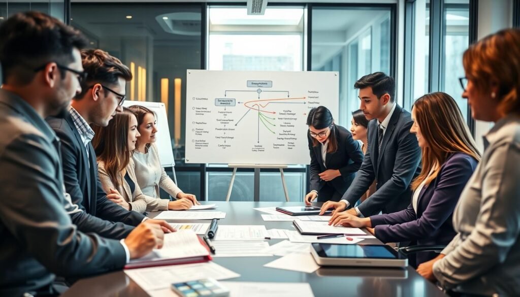 A professional business setting depicting a diverse group of individuals engaged in a dynamic discussion about government contract modalities. Foreground features a conference table with documents and digital devices showcasing contract details, while attendees, dressed in business attire, analyze the information collaboratively. In the middle, a large whiteboard displays a flowchart illustrating various contracting pathways, with arrows and colorful markers emphasizing opportunities. Background shows a window with natural light casting a warm glow over the room, reflecting a contemporary office space. The atmosphere is analytical yet optimistic, symbolizing collaboration and opportunity in public contracting processes in Colombia. Soft focus on the background to highlight the importance of the discussion in the foreground. A professional business setting depicting a diverse group of individuals engaged in a dynamic discussion about government contract modalities. Foreground features a conference table with documents and digital devices showcasing contract details, while attendees, dressed in business attire, analyze the information collaboratively. In the middle, a large whiteboard displays a flowchart illustrating various contracting pathways, with arrows and colorful markers emphasizing opportunities. Background shows a window with natural light casting a warm glow over the room, reflecting a contemporary office space. The atmosphere is analytical yet optimistic, symbolizing collaboration and opportunity in public contracting processes in Colombia. Soft focus on the background to highlight the importance of the discussion in the foreground.