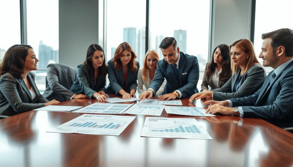 A professional business setting depicting a diverse group of individuals in formal attire, gathered around a polished conference table. In the foreground, a focus on technical documentation, charts, and graphs illustrating "características técnicas uniformes." Midway, the individuals are engaged in discussion, pointing at the documents with expressions of concentration and collaboration. In the background, a large window letting in natural light, showcasing a modern cityscape. The atmosphere is dynamic and productive, conveying a sense of teamwork and strategic planning. The angle captures the interaction among team members, emphasizing cooperation in identifying purchasing needs within public entities. Soft lighting enhances the seriousness and professionalism of the environment. A professional business setting depicting a diverse group of individuals in formal attire, gathered around a polished conference table. In the foreground, a focus on technical documentation, charts, and graphs illustrating "características técnicas uniformes." Midway, the individuals are engaged in discussion, pointing at the documents with expressions of concentration and collaboration. In the background, a large window letting in natural light, showcasing a modern cityscape. The atmosphere is dynamic and productive, conveying a sense of teamwork and strategic planning. The angle captures the interaction among team members, emphasizing cooperation in identifying purchasing needs within public entities. Soft lighting enhances the seriousness and professionalism of the environment.