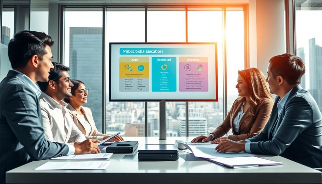 A professional business setting depicting various types of public bidding processes in Colombia. In the foreground, a diverse group of five professionals in business attire is engaged in a discussion, analyzing documents and charts on a table. The middle ground features a large, modern screen displaying colorful infographics illustrating different bidding types such as open, restricted, and direct contracting. In the background, a sunlit office with large windows offers a view of a bustling cityscape, creating a motivational atmosphere. The scene is bright and vibrant, with soft natural lighting enhancing the professionalism of the environment. The overall mood is one of collaboration and strategy, emphasizing the importance of understanding public bidding processes. A professional business setting depicting various types of public bidding processes in Colombia. In the foreground, a diverse group of five professionals in business attire is engaged in a discussion, analyzing documents and charts on a table. The middle ground features a large, modern screen displaying colorful infographics illustrating different bidding types such as open, restricted, and direct contracting. In the background, a sunlit office with large windows offers a view of a bustling cityscape, creating a motivational atmosphere. The scene is bright and vibrant, with soft natural lighting enhancing the professionalism of the environment. The overall mood is one of collaboration and strategy, emphasizing the importance of understanding public bidding processes.