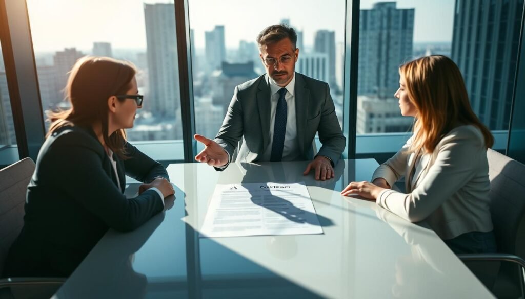 A professional business setting featuring a confident individual, the "oferente," in a tailored suit, engaging in a discussion with two other businesspeople seated at a modern conference table. The oferente is gesturing towards a contract document laid out on the table, symbolizing negotiation and agreement. Soft, focused lighting illuminates the scene, casting gentle shadows that create an inviting atmosphere. In the background, a large window reveals a cityscape, enhancing the sense of professionalism. The camera angle captures the oferente prominently from a slightly low perspective, emphasizing their authority and engagement in the conversation. The overall mood conveys clarity, determination, and professionalism, reflecting a critical moment in contract discussions. A professional business setting featuring a confident individual, the "oferente," in a tailored suit, engaging in a discussion with two other businesspeople seated at a modern conference table. The oferente is gesturing towards a contract document laid out on the table, symbolizing negotiation and agreement. Soft, focused lighting illuminates the scene, casting gentle shadows that create an inviting atmosphere. In the background, a large window reveals a cityscape, enhancing the sense of professionalism. The camera angle captures the oferente prominently from a slightly low perspective, emphasizing their authority and engagement in the conversation. The overall mood conveys clarity, determination, and professionalism, reflecting a critical moment in contract discussions.