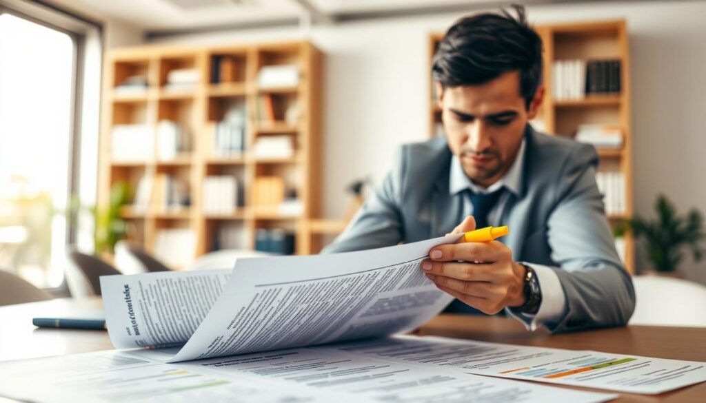 A professional business setting featuring a table with detailed "pliegos de condiciones" documents spread across it. In the foreground, a well-dressed individual, focused and engaged, analyzes the papers, highlighting key sections with a yellow marker. In the middle, the documents are filled with charts, bullet points, and highlighted text, showcasing important contractual information. In the background, a softly blurred office space with bookshelves and a large window allowing warm, natural light to fill the scene, creating an inviting atmosphere. The mood is serious yet optimistic, reflecting the importance of understanding the tender documents without losing key points. The composition captures a depth of field that emphasizes both the individual and the documents prominently, enhancing the sense of focus on the task at hand. A professional business setting featuring a table with detailed "pliegos de condiciones" documents spread across it. In the foreground, a well-dressed individual, focused and engaged, analyzes the papers, highlighting key sections with a yellow marker. In the middle, the documents are filled with charts, bullet points, and highlighted text, showcasing important contractual information. In the background, a softly blurred office space with bookshelves and a large window allowing warm, natural light to fill the scene, creating an inviting atmosphere. The mood is serious yet optimistic, reflecting the importance of understanding the tender documents without losing key points. The composition captures a depth of field that emphasizes both the individual and the documents prominently, enhancing the sense of focus on the task at hand.